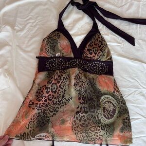Animal Print Halter Top with Black Accents